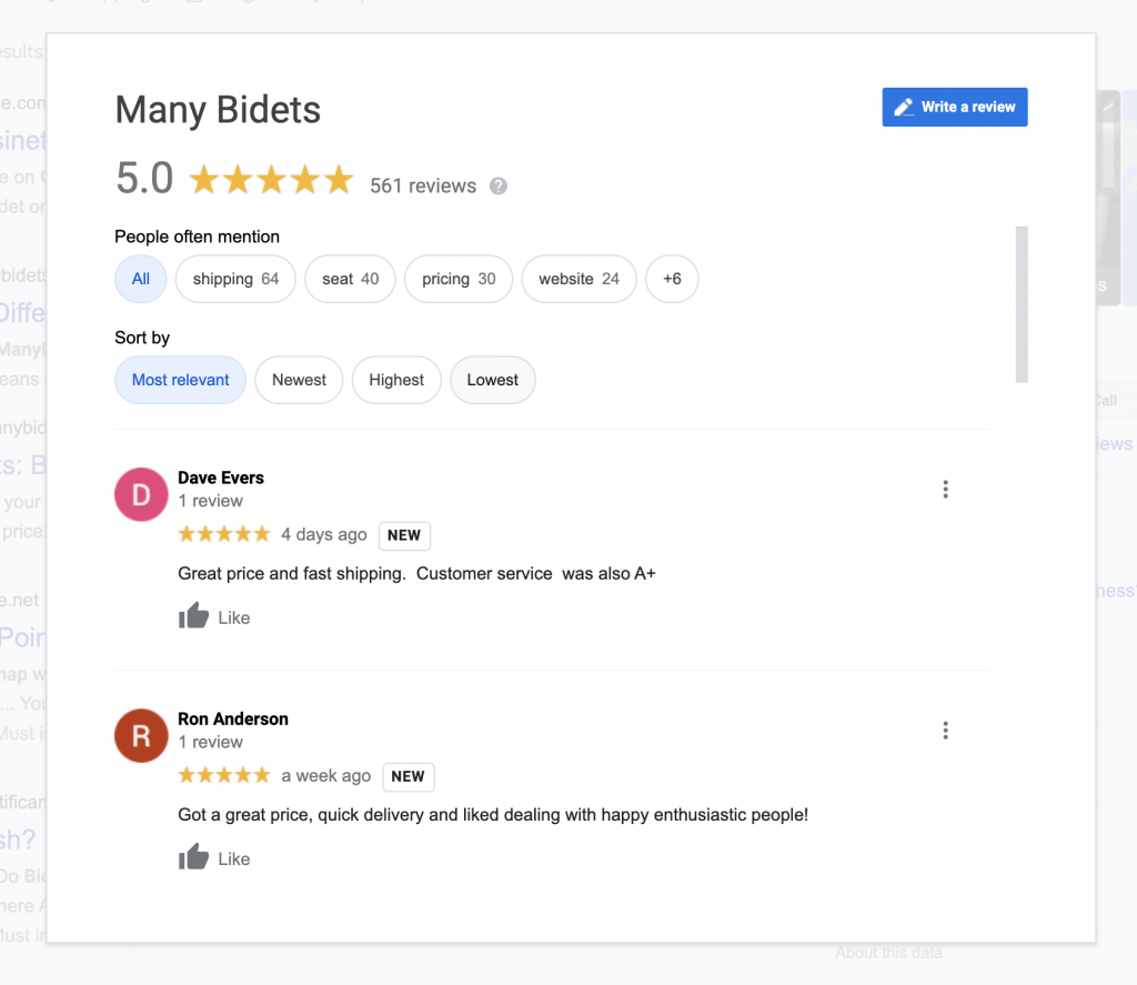 Many Bidets 5 Star Google Reviews