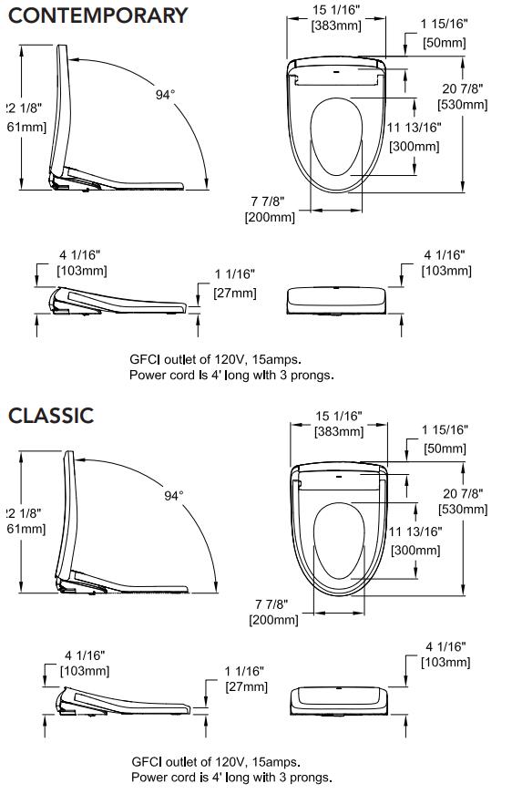 SW4734AT40 SW4736AT40 TOTO S7A Washlet Dimensions