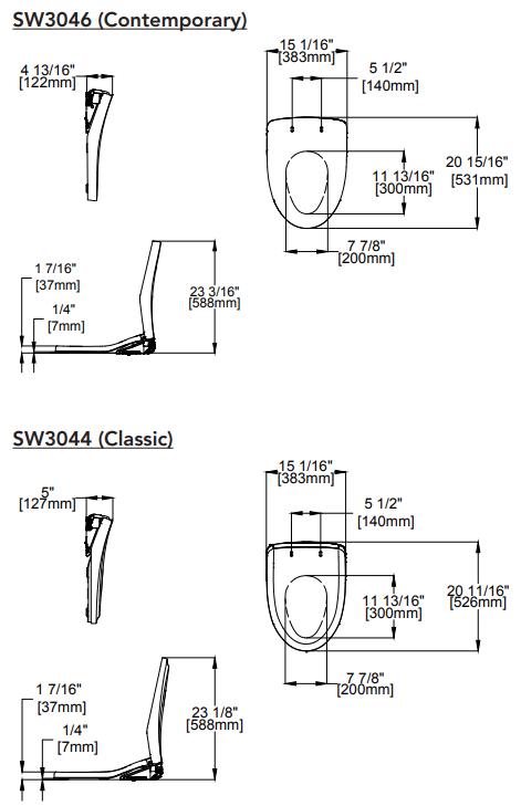 TOTO S500e Washlet SW3044 SW3046 Dimensions