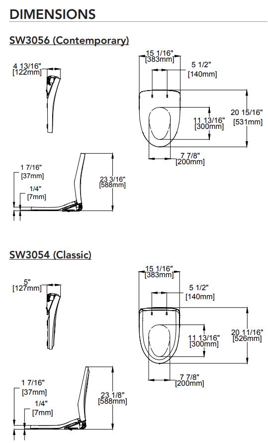 TOTO S550e Washlet SW3054 SW3056 Dimensions