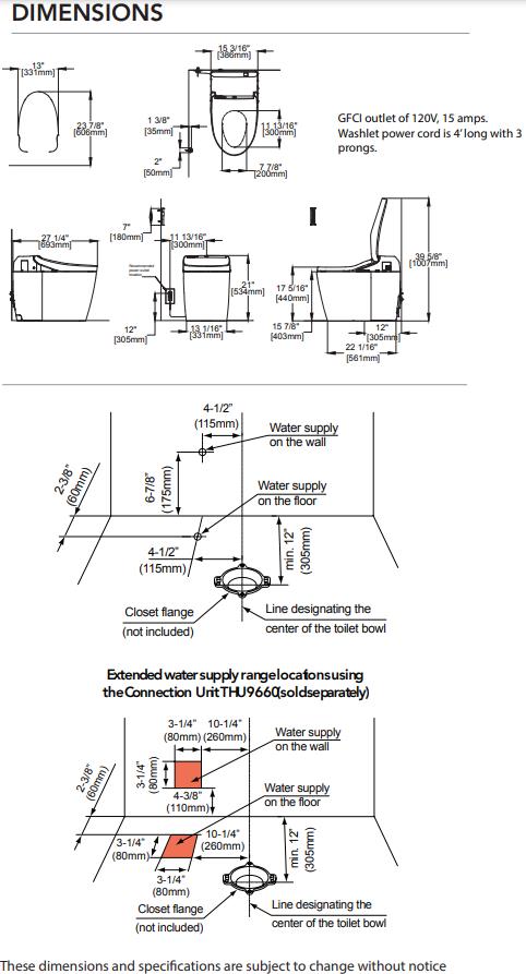 TOTO WASHLET G450 MS922CUMFG Dimensions