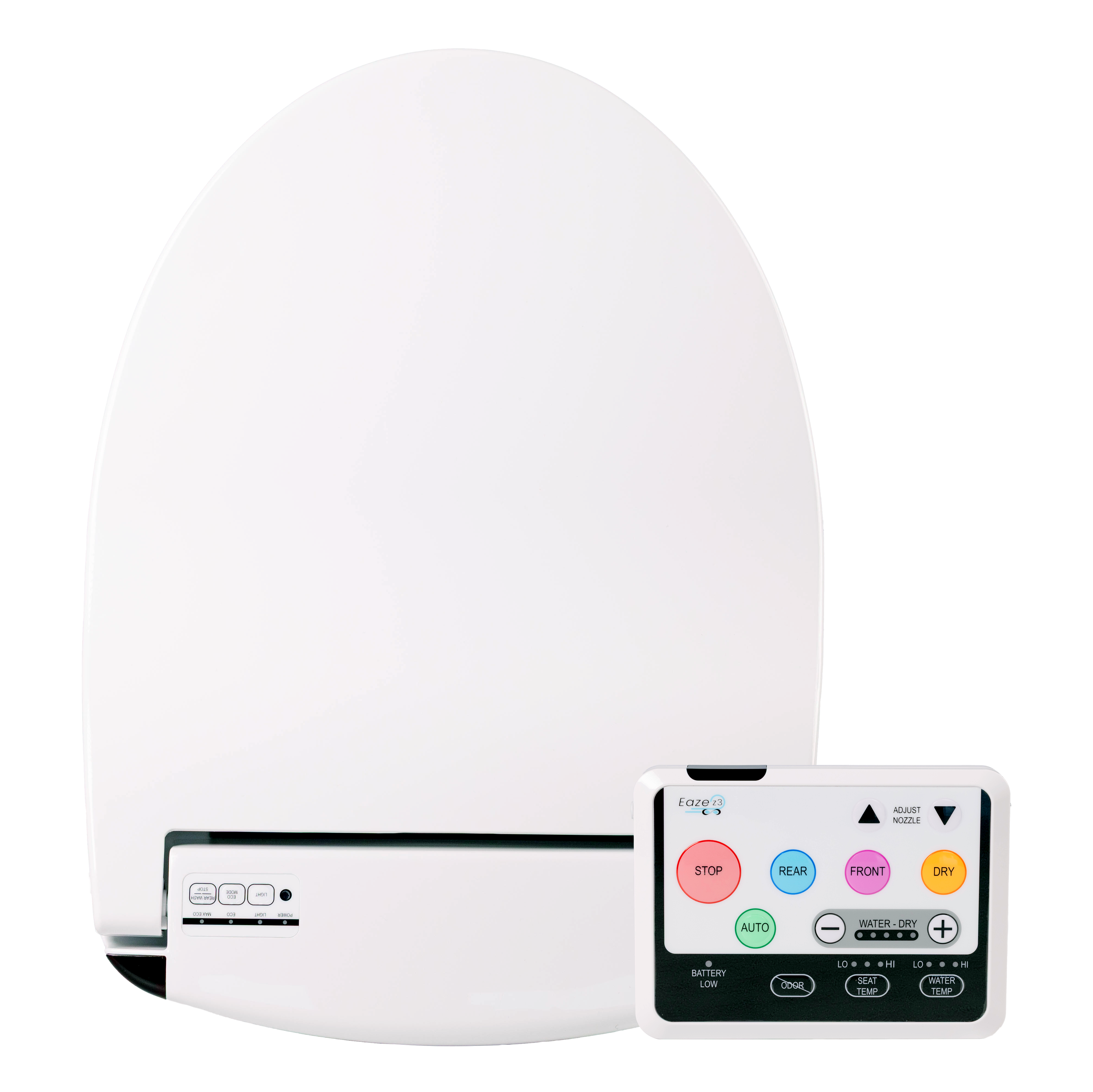 A picture of the Infinity Eaze z3 bidet seat and remote control
