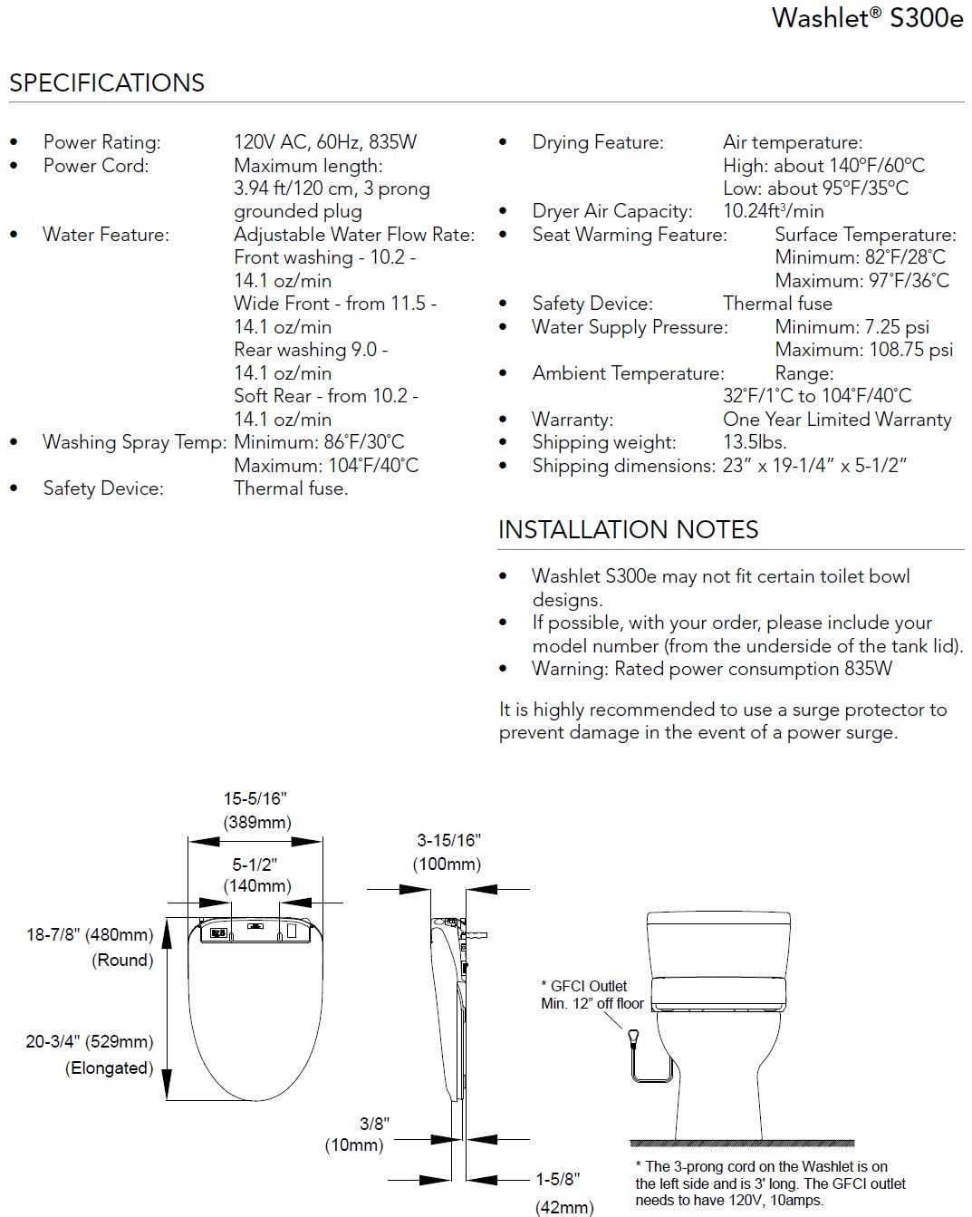 TOTO S300e Washlet Specifications