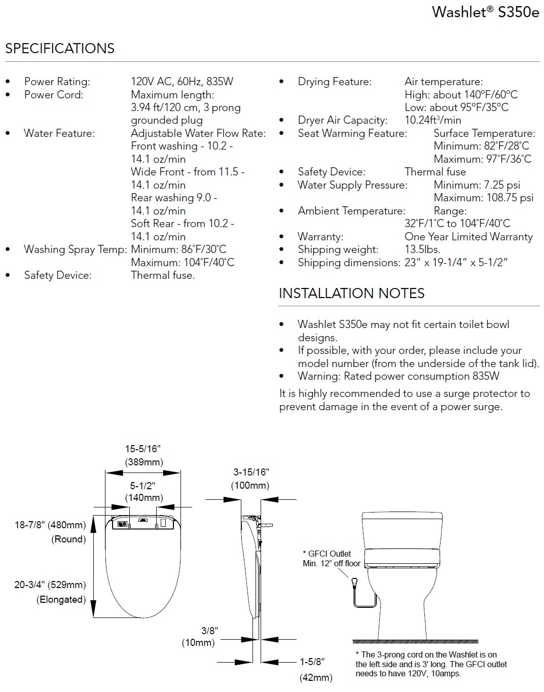 TOTO S350e Washlet Specifications